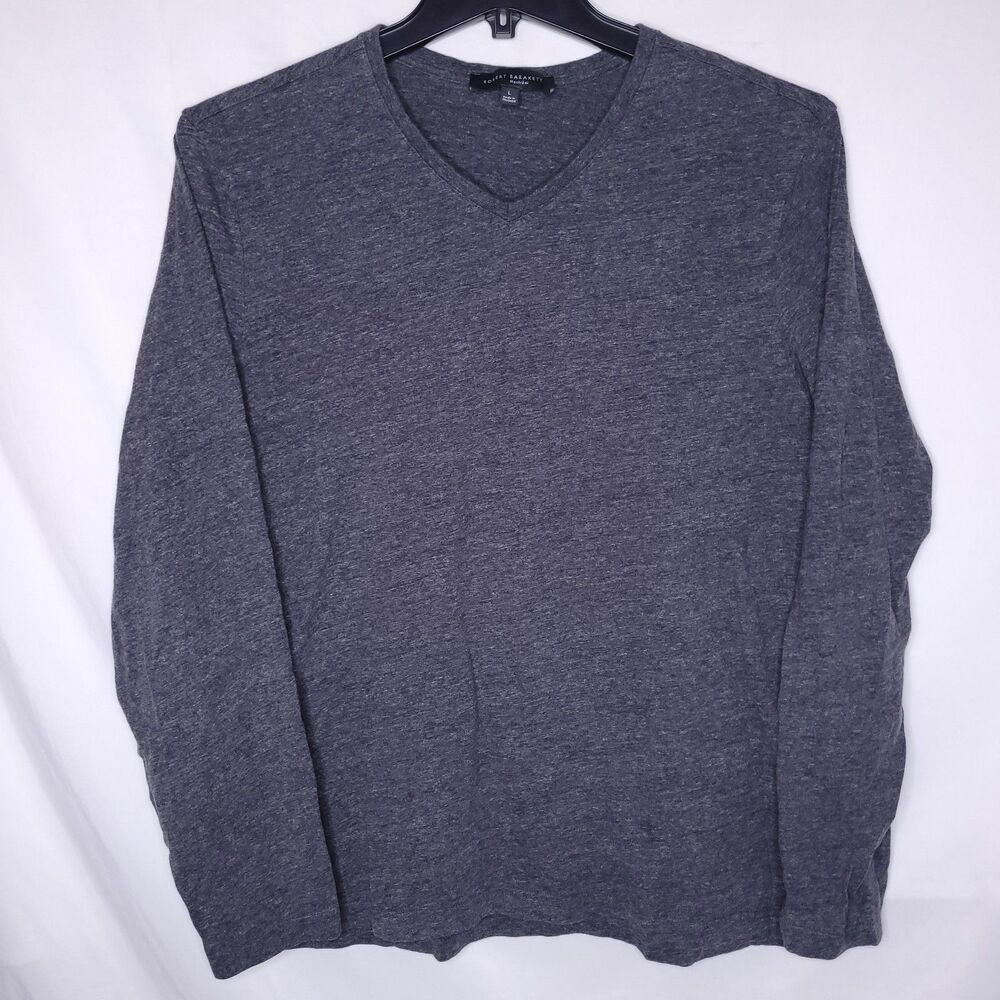 Robert Barakett T Shirt Mens Large Gray Heathered Long Sleeve V Neck Cotton